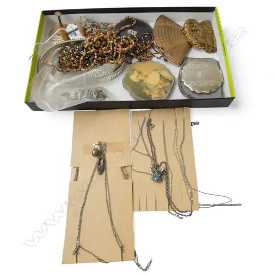 ASST. COSTUME JEWELLERY; COMPACTS, NECKLACES - SOME SILVER