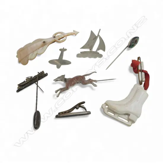 SEL. BROOCHES: LIFEBOAT + YACHT + PLANE + GREYHOUND + MOP ARROW ETC 