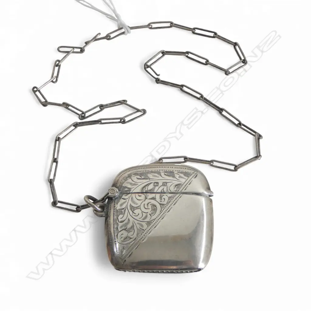 STG SILVER VESTA CASE on silver? chain, BIRMINGHAM 1912, 25gms TW Image 1++