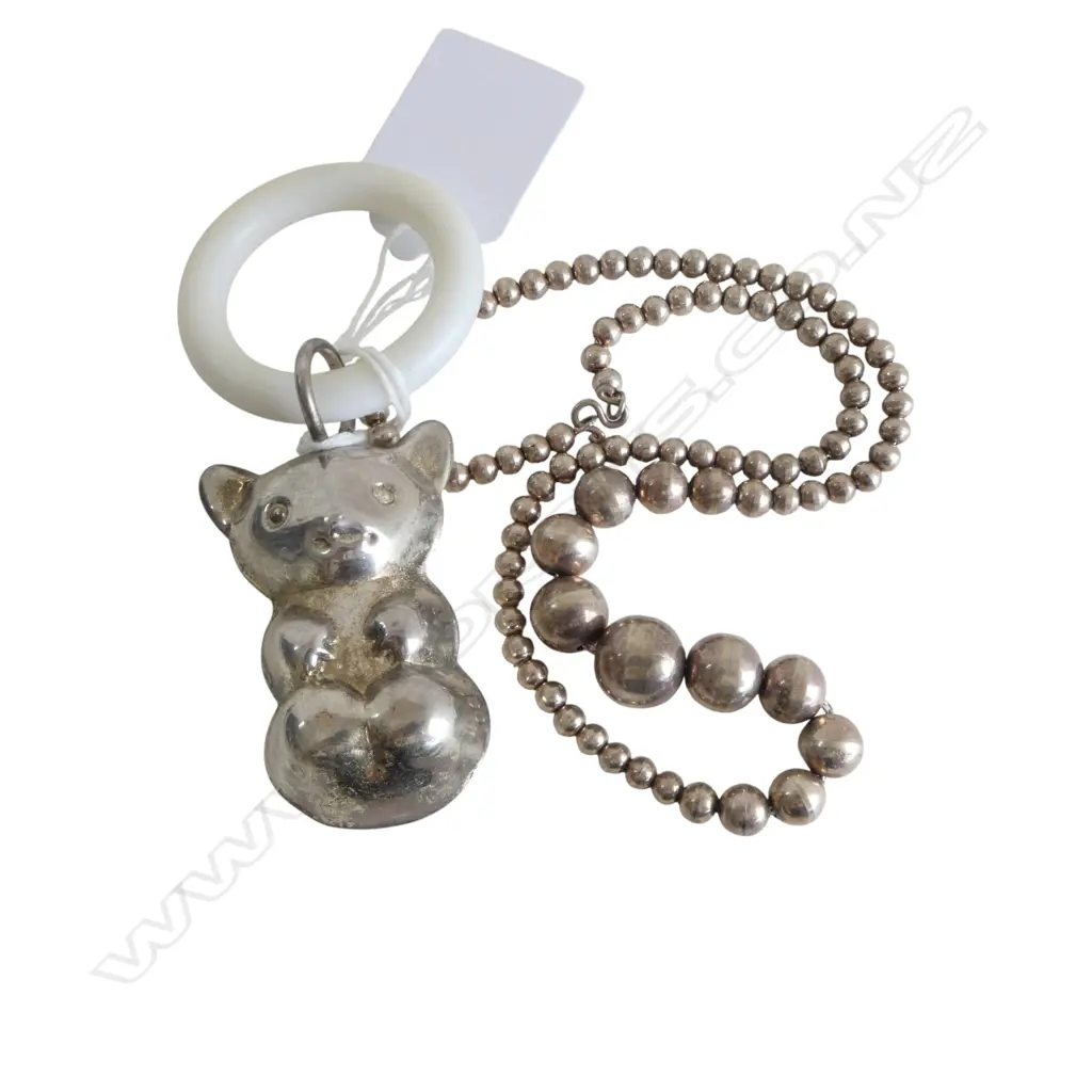 STRAND SILVER GRADUATED BEADS + SILVER KITTEN ? BABIES RATTLE / TEETHING RING Image 1++