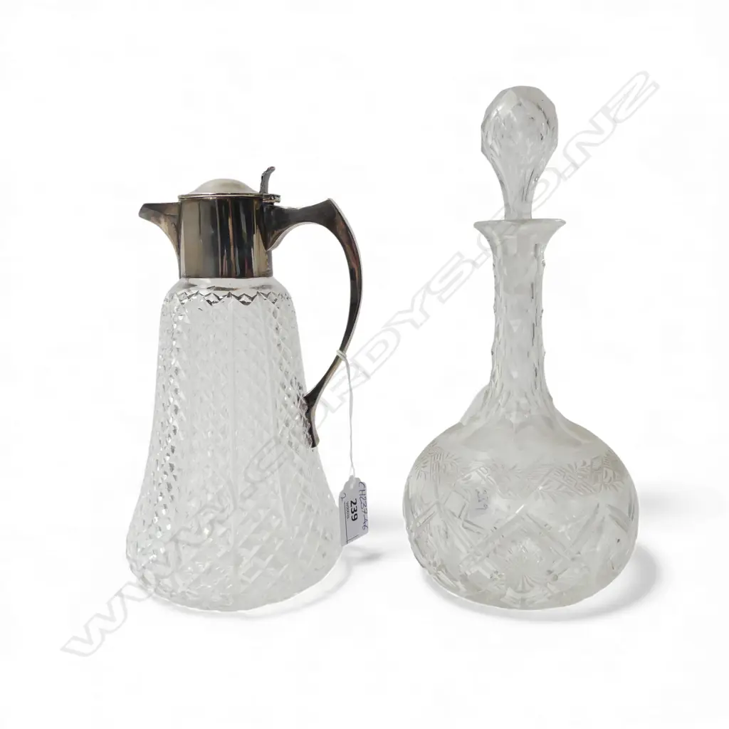 STG SILVER & CUT CRYSTAL CLARET JUG, LONDON 1903, H.230mm 597gms TW + CRYSTAL DECANTER Image 1++