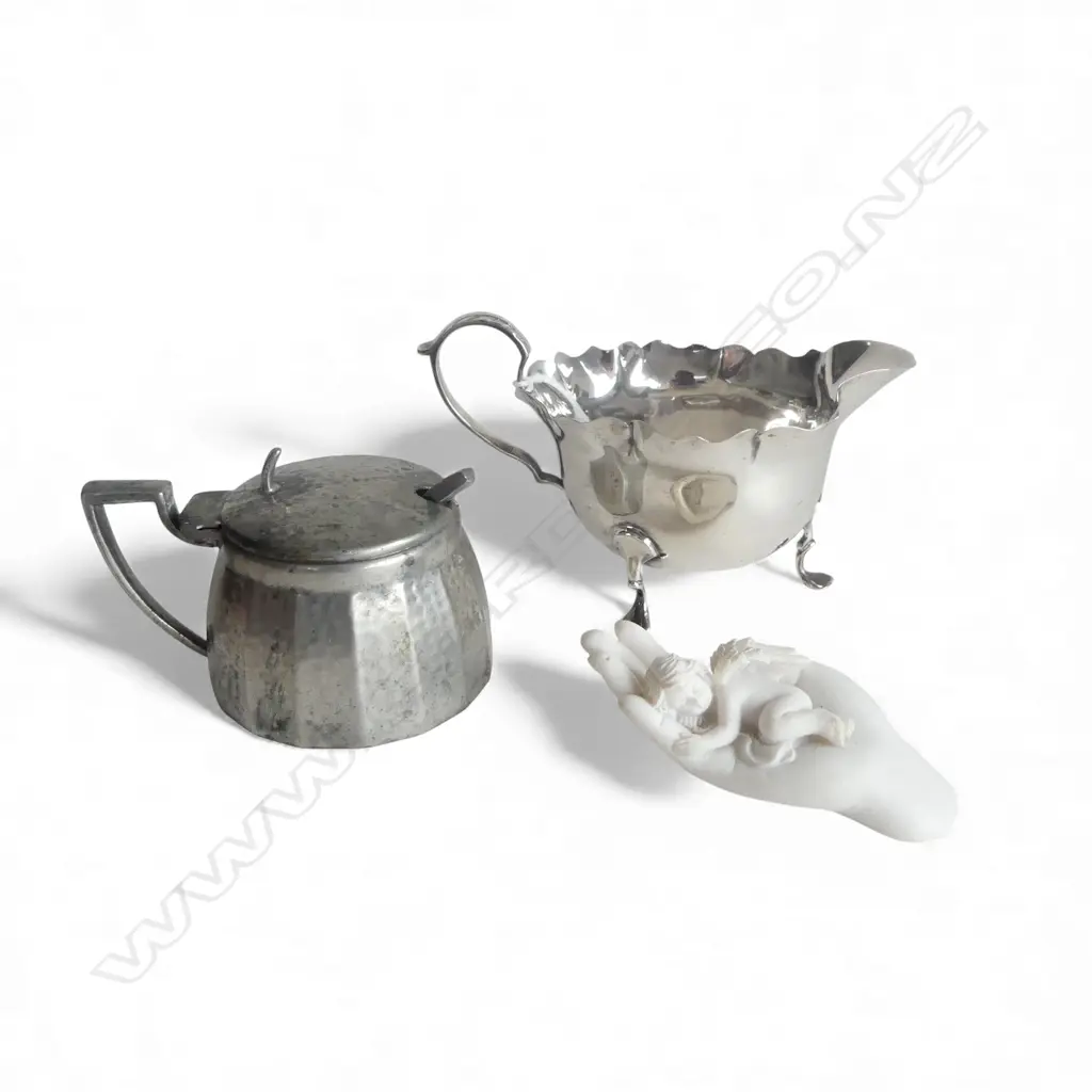 LONDON 1905 SILVER CREAM JUG frilled rim 48gms + pewter mustard pot + angel in hand sculpture Image 1++
