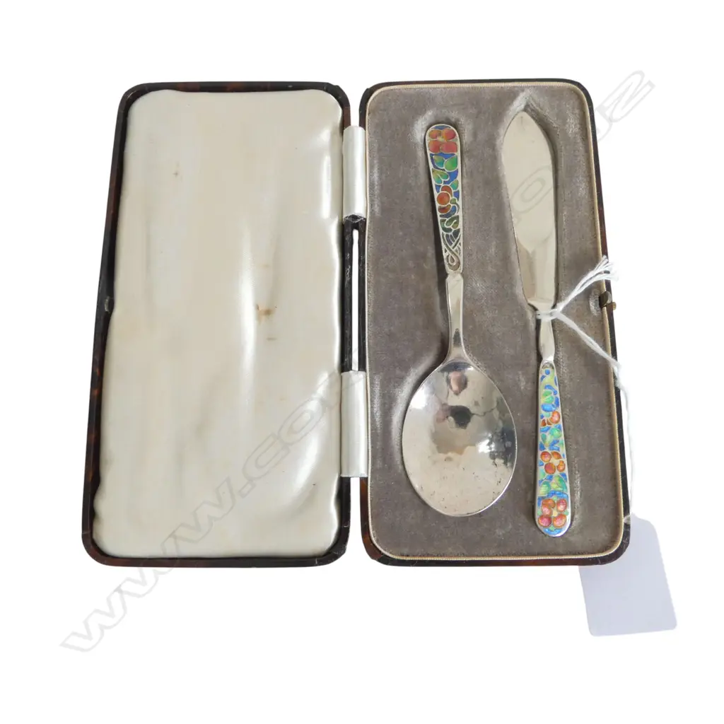 BOXED ENAMEL SILVER knife & spoon SET Birmingham 1934 by Langstone Silver Works (Bernard Instone) Image 1++