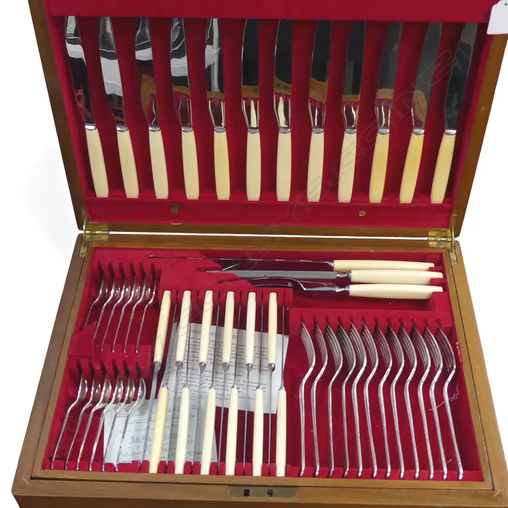 12 PLACE IVORINE 'BONE' HANDLED CUTLERY CANTEEN W.470mm Image 1++