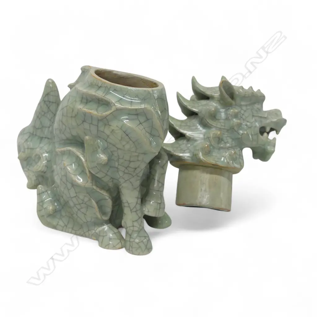 CHINESE CRACKLE GLAZE CELEDON KYLIN CENSOR H210MM Image 1++