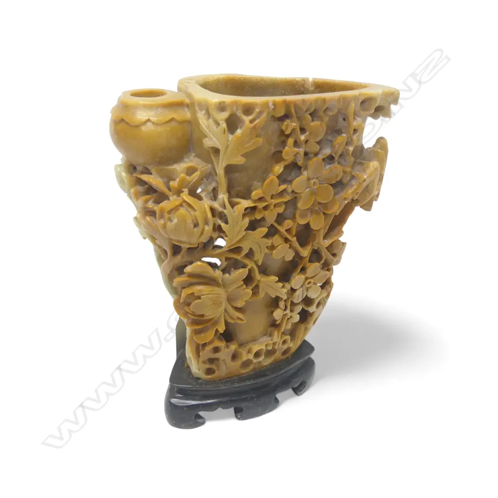 CHINESE FLORAL CARVED SOAPSTONE VASE H170MM Image 1++