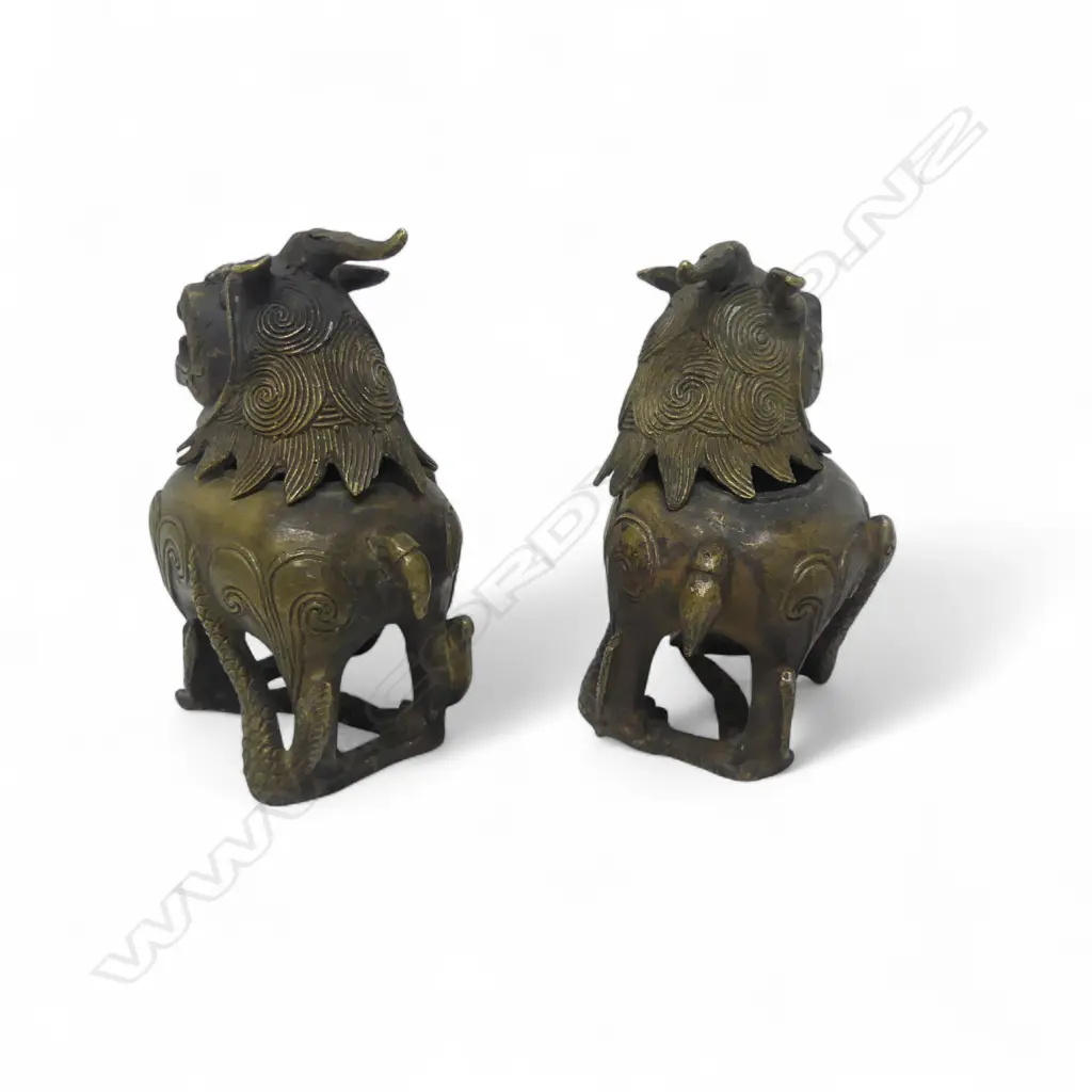 PR BRONZE ANTIQUE CHINESE FOO DOG INCENSE BURNERS H120MM Image 1++