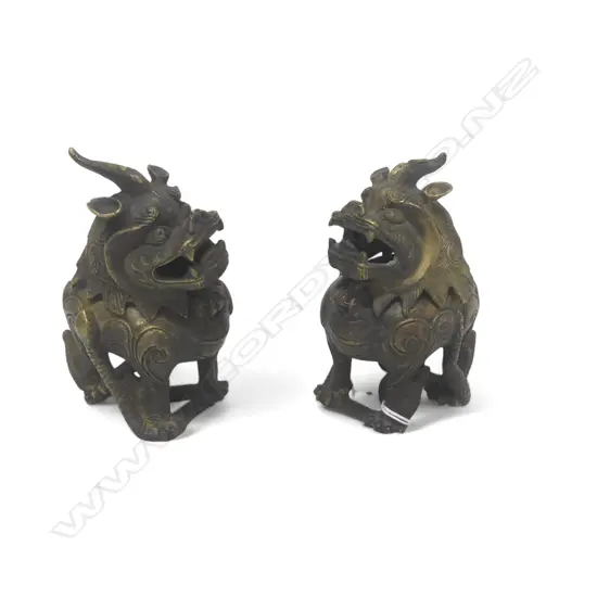 PR BRONZE ANTIQUE CHINESE FOO DOG INCENSE BURNERS H120MM