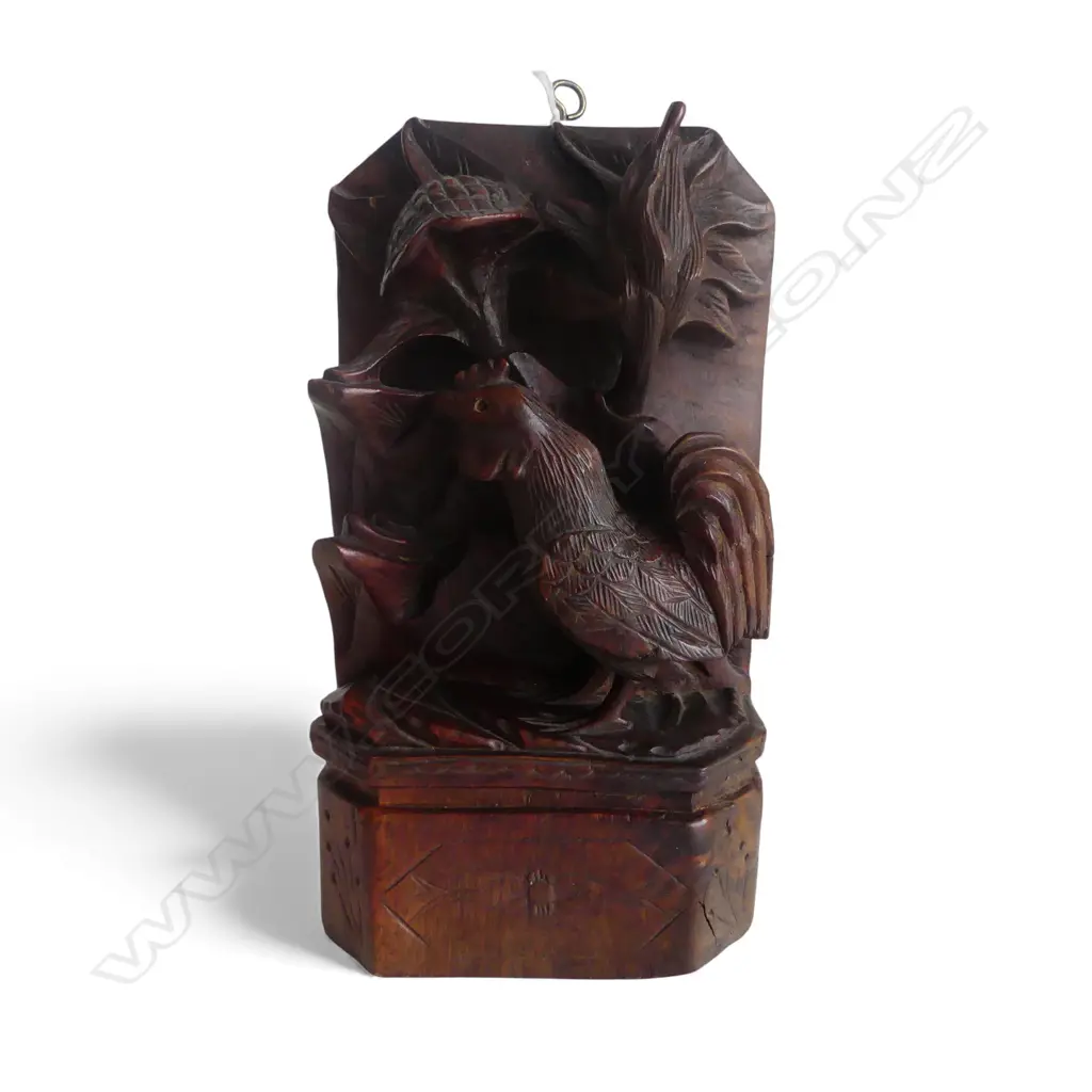ORIENTAL ROSEWOOD CARVING OF ROOSTER & FLOWERS H.205mm Image 1++