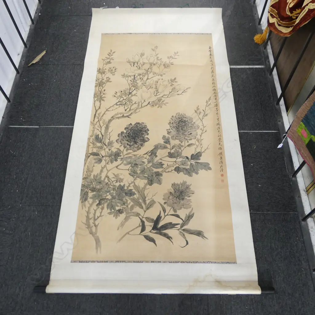 19C YUN YUAN JUN SCROLL INK & COLOUR PEONY SPRAYS SIGNED L165CM W83CM Image 1++