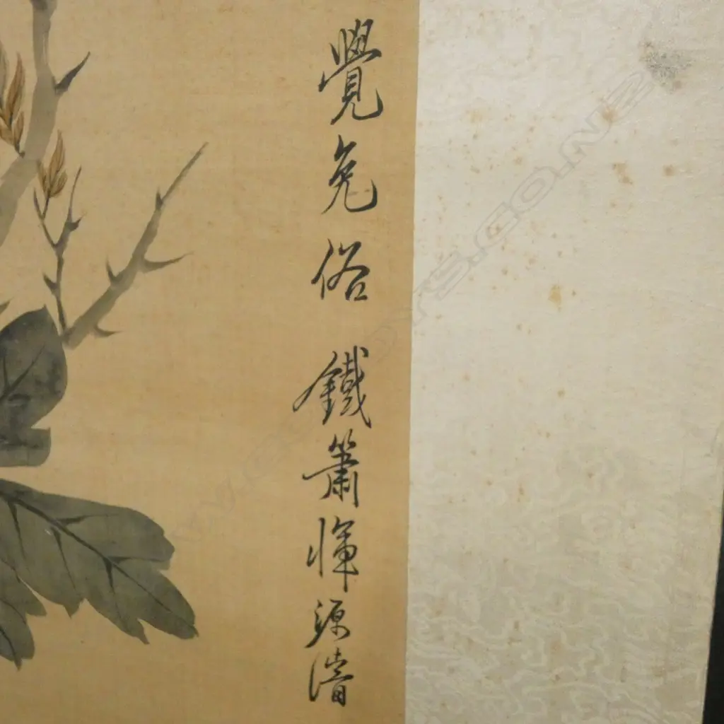 19C YUN YUAN JUN SCROLL INK & COLOUR PEONY SPRAYS SIGNED L165CM W83CM Image 1++