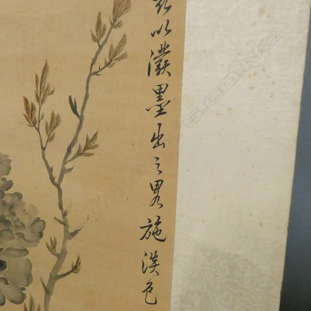 19C YUN YUAN JUN SCROLL INK & COLOUR PEONY SPRAYS SIGNED L165CM W83CM Image 1++