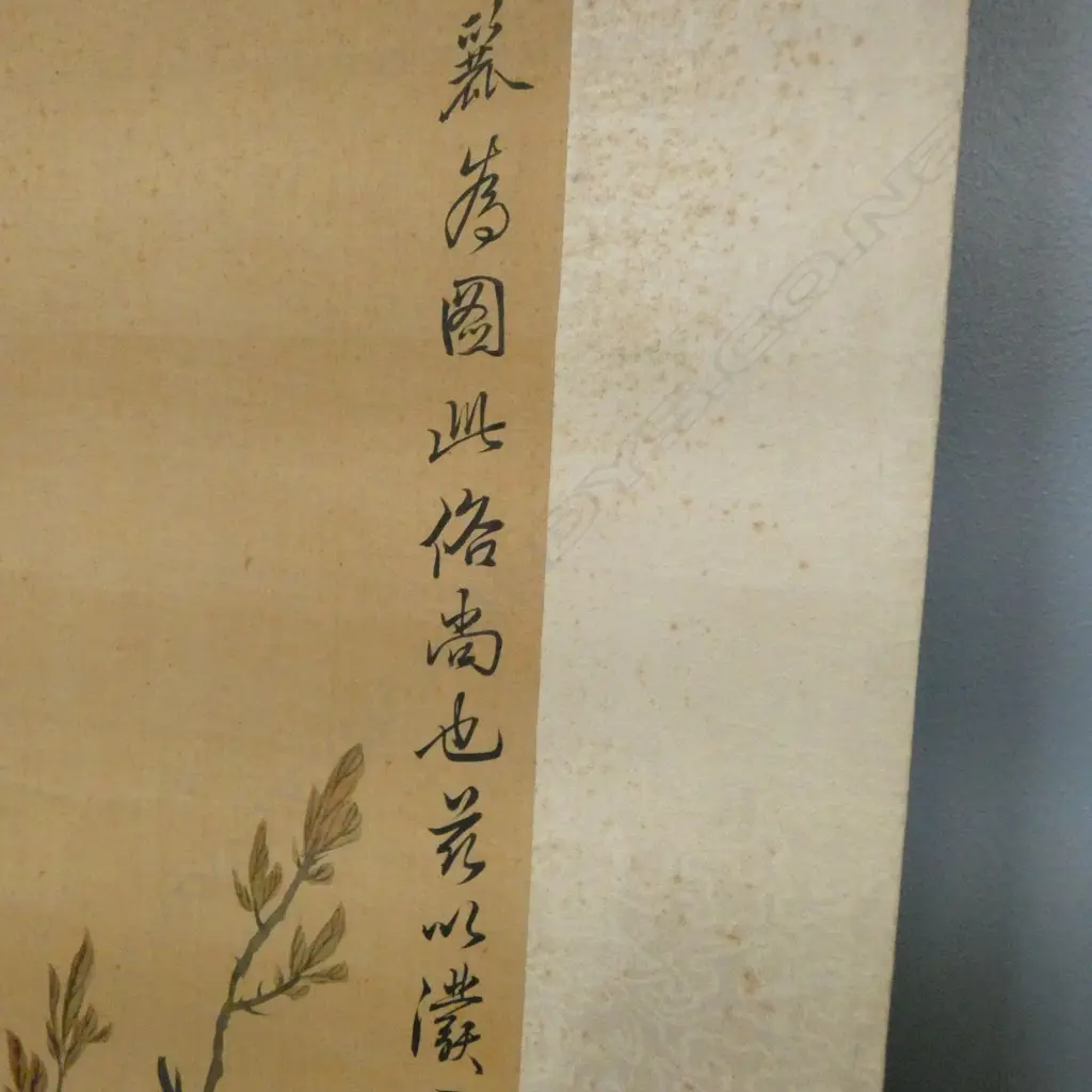 19C YUN YUAN JUN SCROLL INK & COLOUR PEONY SPRAYS SIGNED L165CM W83CM Image 1++