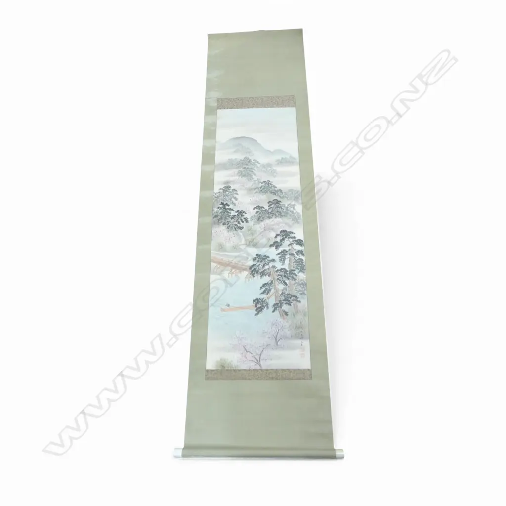 SIGNED ORIENTAL SCROLL RIVER & BOATMAN L1830 W480MM Image 1++