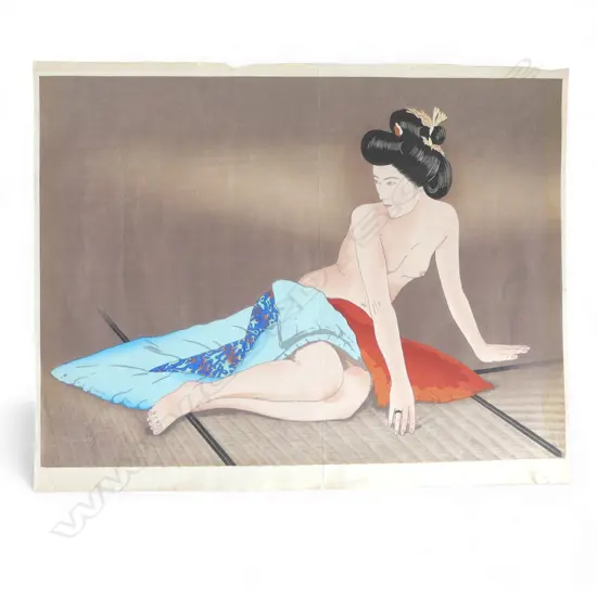 UNFRAMED JAPANESE W/C PILLOW TALK SIGNED H360 L490MM