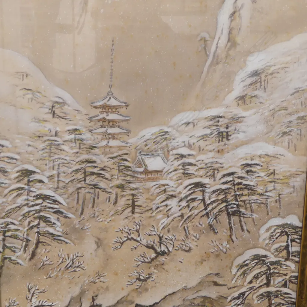FRAMED JAPANESE W/C ON SILK WINTER MOUNTAIN SCENE SIGNED H1000 W400MM Image 1++