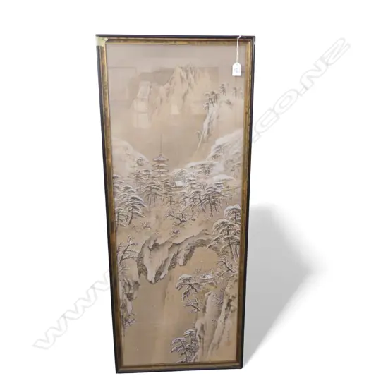 FRAMED JAPANESE W/C ON SILK WINTER MOUNTAIN SCENE SIGNED H1000 W400MM