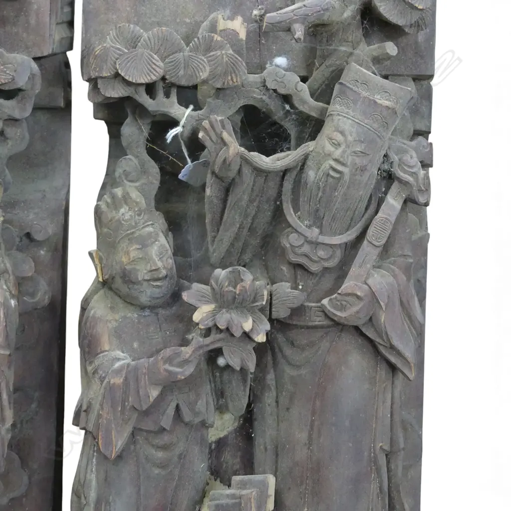 2 CARVED CHINESE WOOD ARCHITECTURAL TEMPLE PILLARS H.1070mm some faults Image 1++