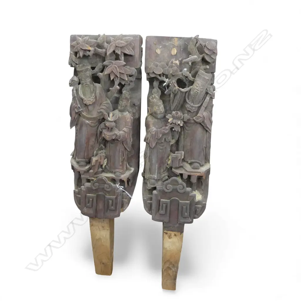 2 CARVED CHINESE WOOD ARCHITECTURAL TEMPLE PILLARS H.1070mm some faults Image 1++