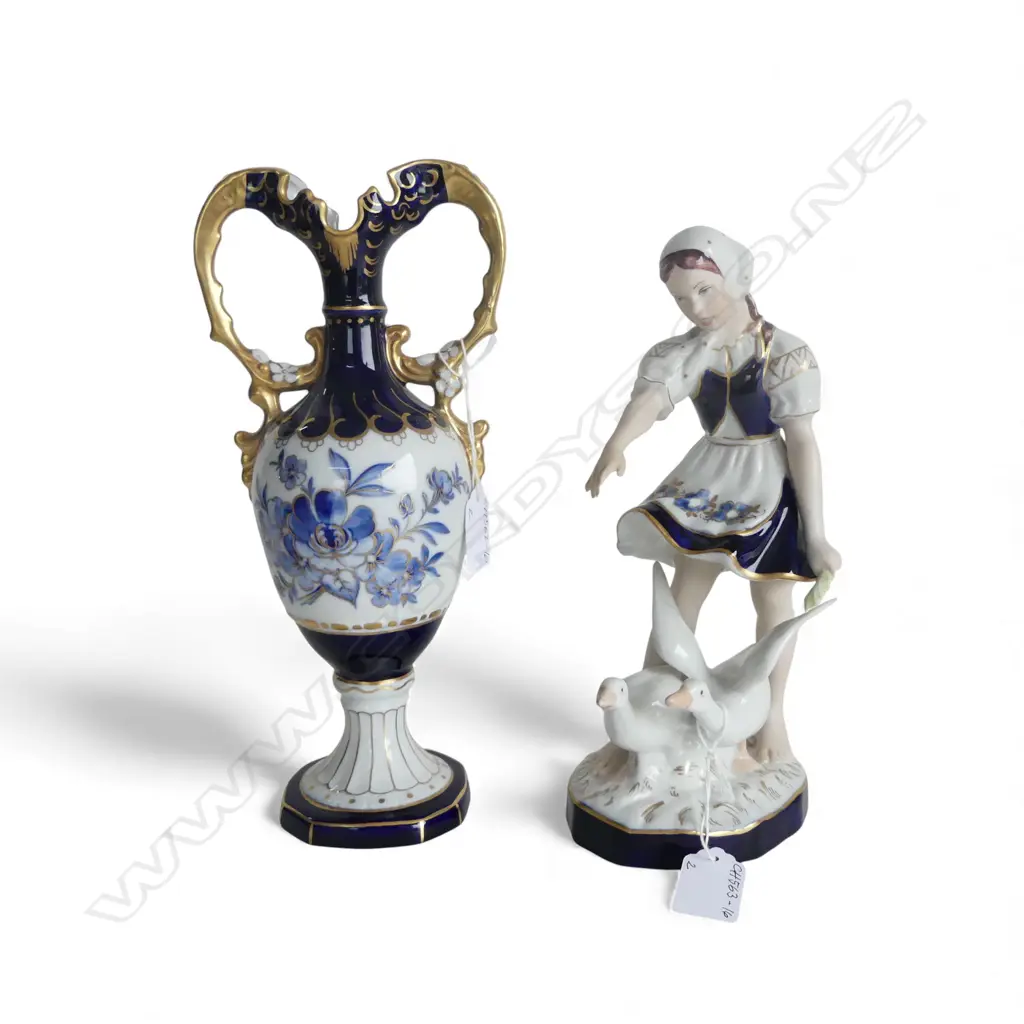 2 PCS ROYAL DUX; GIRL w GEESE, H.250mm & GILT HANDLED URN VASE, H.280mm  Image 1++