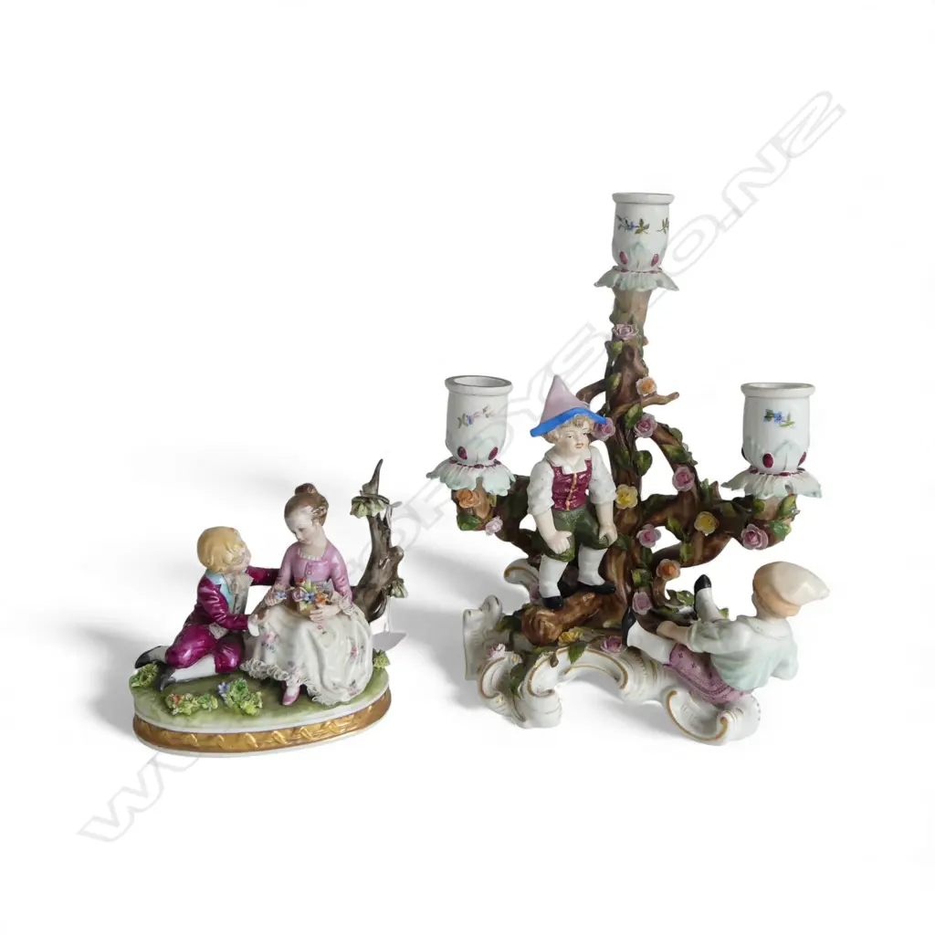 CAPODIMONTE FIGURAL GROUP YOUNG GIRL & BOY (AF) L.140 WITH MEISSEN CANDLEABRA WITH TWO FIGURES H.255mm Image 1++