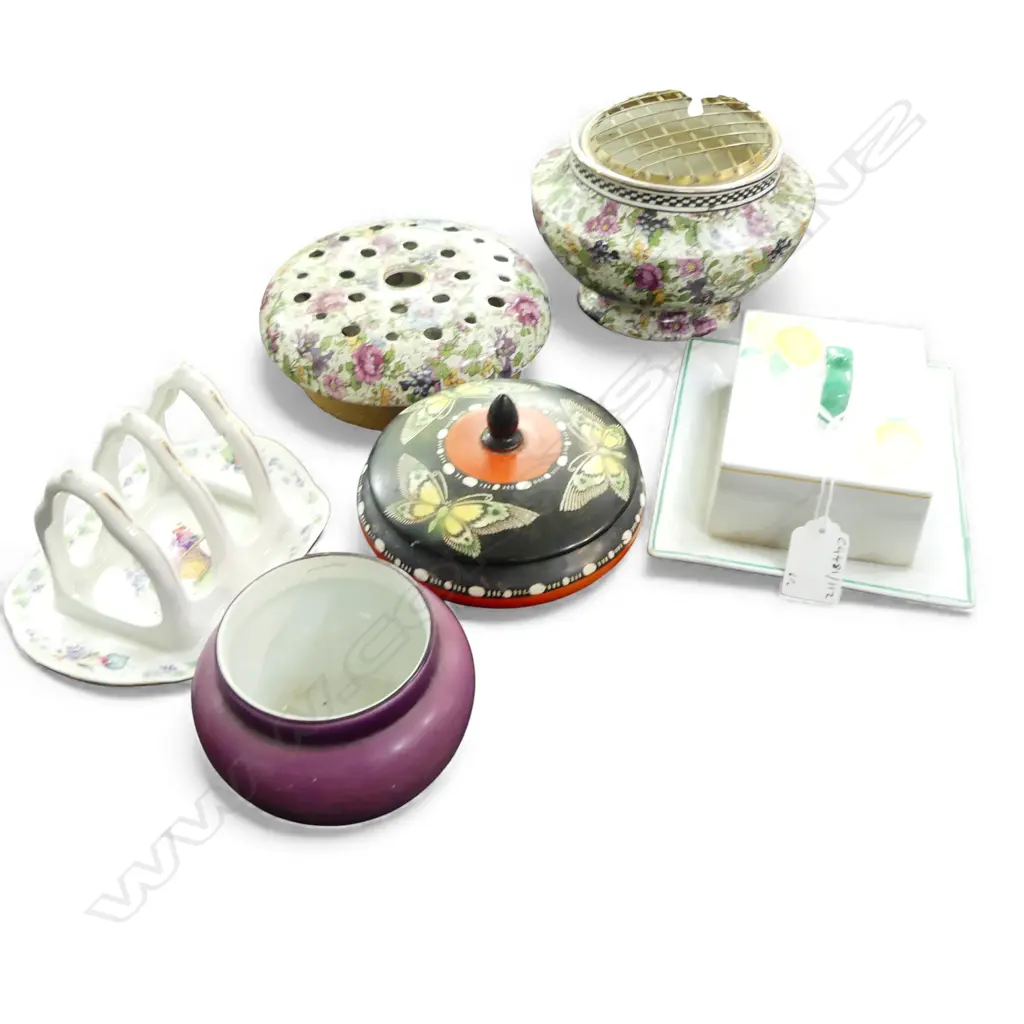 6PCS SHELLEY CHINA 2 VASES LIDDED BUTTER DISH TOAST RACK LIDDED BOWL & FLOWER FROG Image 1++