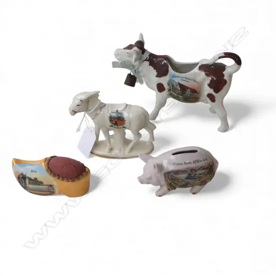 4 EARLY 20thC CRESTED ITEMS: cow creamer + donkey + pig + clog pin cushion 'Ypres'