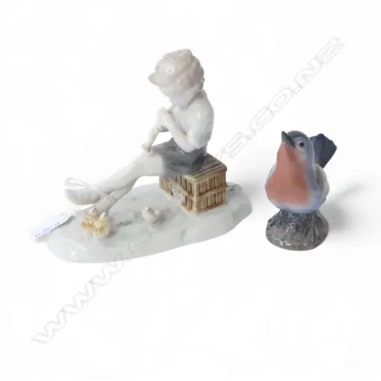 DANISH PORCELAIN BIRD + GERMAN BOY PLAYING HORN H.140mm