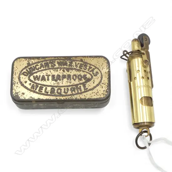 BROOKESTONE VINTAGE BRASS LIGHTER + CASE OF 'DUNCAN'S WAX VESTAS MELBOURNE'