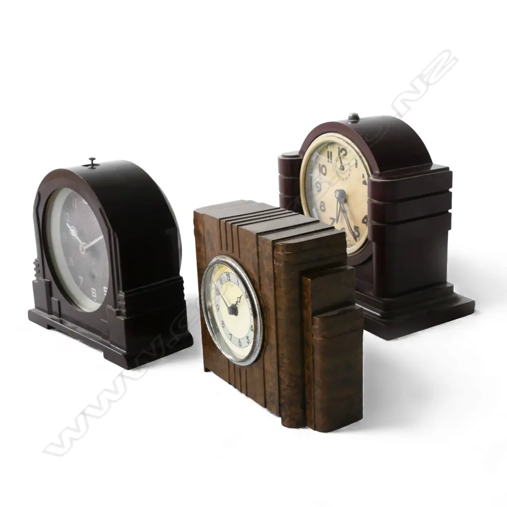3 1920/30s BAKELITE WIND-UP ALARM CLOCKS, 1 FRENCH 'JAZ', TALLEST. 130mm Image 1++