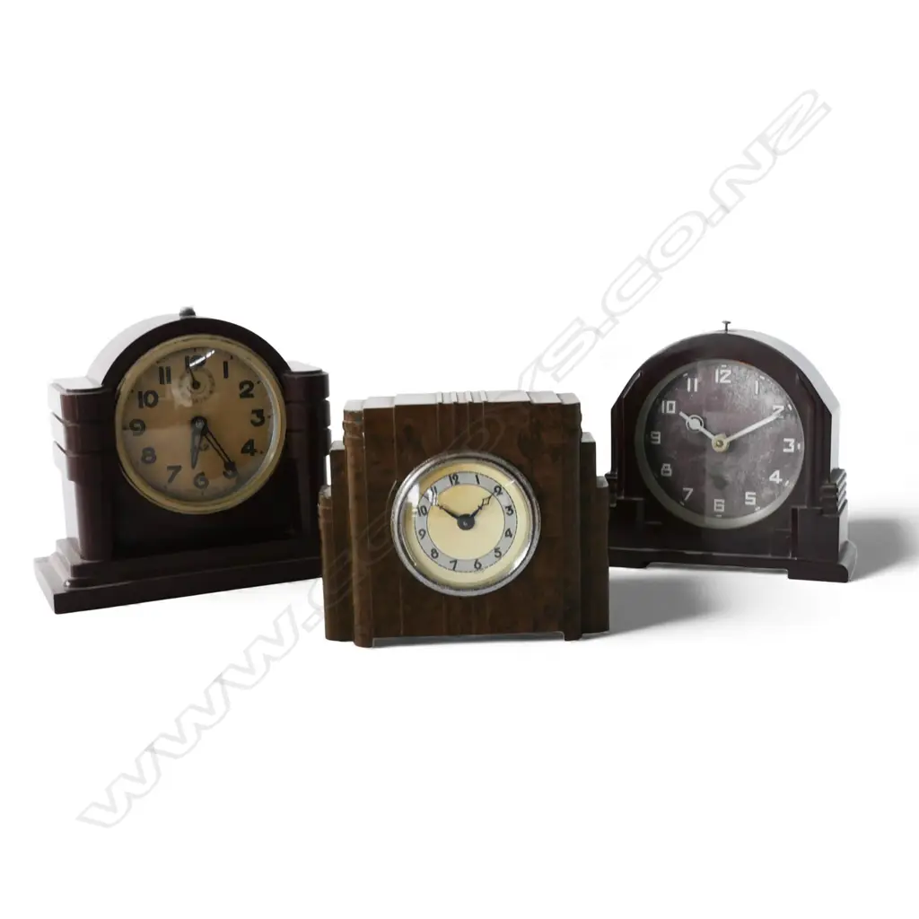 3 1920/30s BAKELITE WIND-UP ALARM CLOCKS, 1 FRENCH 'JAZ', TALLEST. 130mm Image 1++
