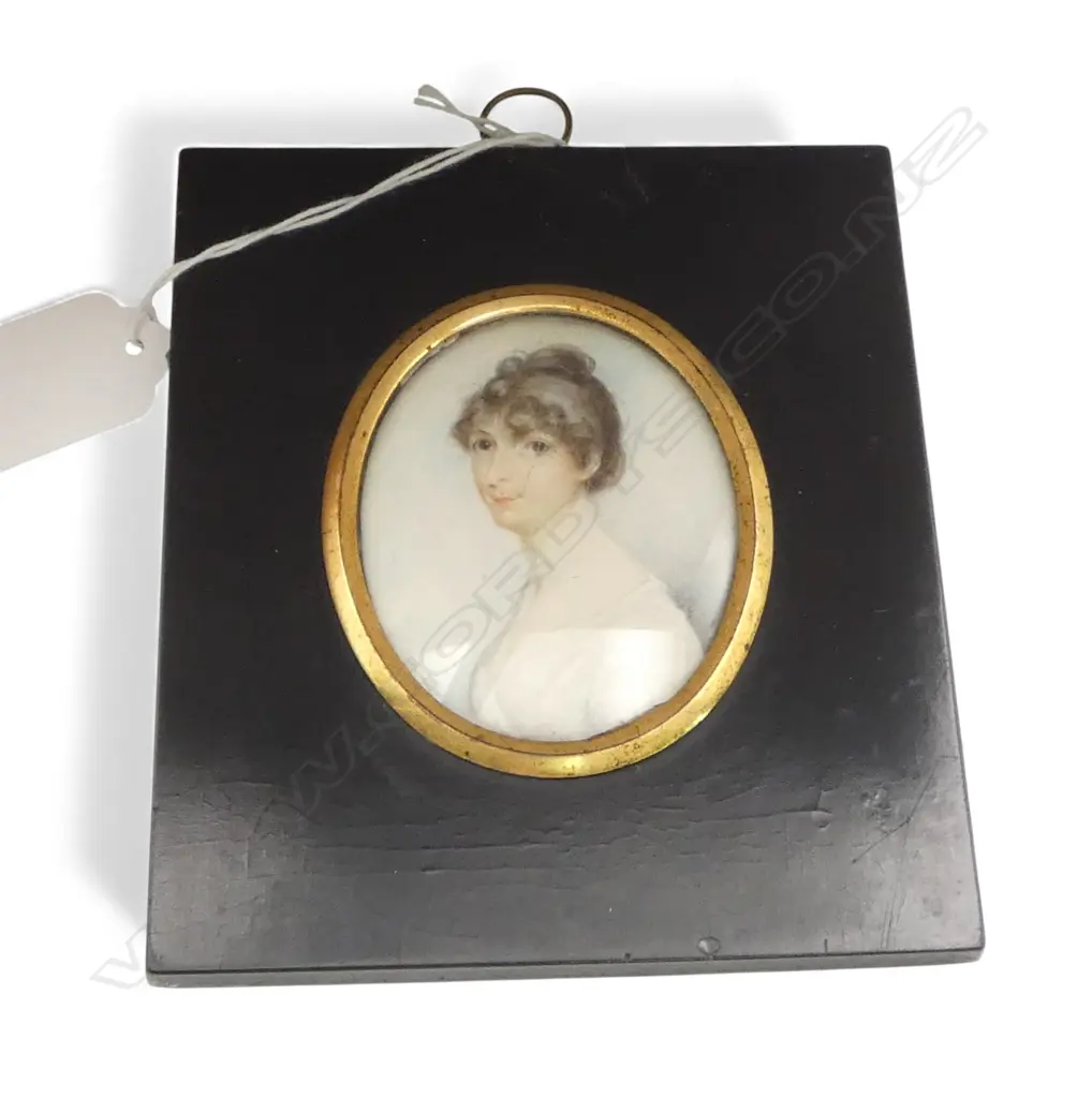 19thC PORTRAIT MINIATURE (probably on ivory) YOUNG WOMAN. In ebonised frame 135 x 105mm Image 1++