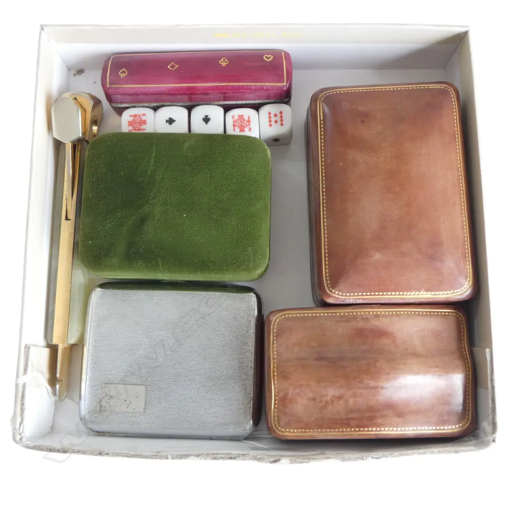 3 ITALIAN TOOLED LEATHER BOXES, 1 w DICE, PR VINTAGE CUFFLINKS, CIGAR CUTTER, CIG CASE Image 1++