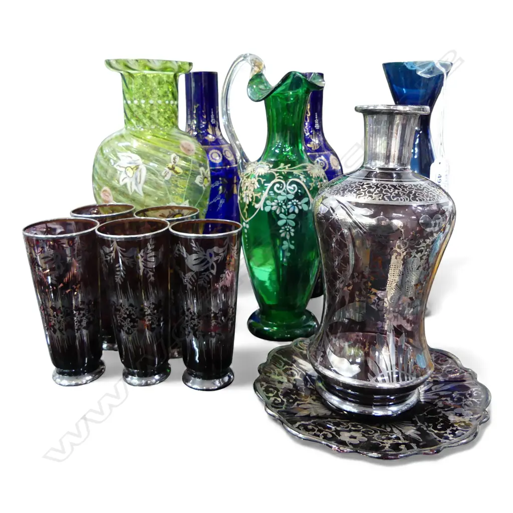 COLLECTION OF COLOURED & SILVERED GLASS 260MM TALLEST Image 1++