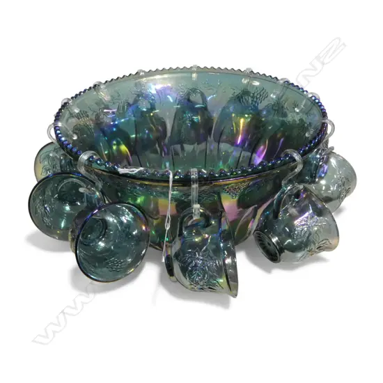 CARNIVAL GLASS PUNCH BOWL + CUPS Dia.310mm