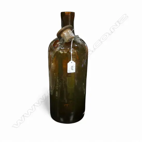 TALL VINTAGE AMBER GLASS BOTTLE w wood & cork stopper, H.370mm