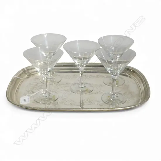 SET OF 5 LOTUS CRYSTAL MARTINI GLASSES H130MM ON EP SERVING TRAY L380MM