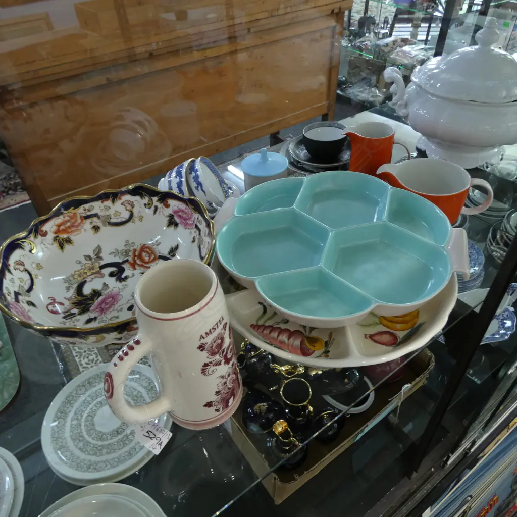 PCES ASST. CHINA; 3 TRIOS, POOLE LIDDED CONTAINER & DISH W.330mm, MASONS MANDALAY BOWL 255mm dia (rim chip) ETC Image 1++