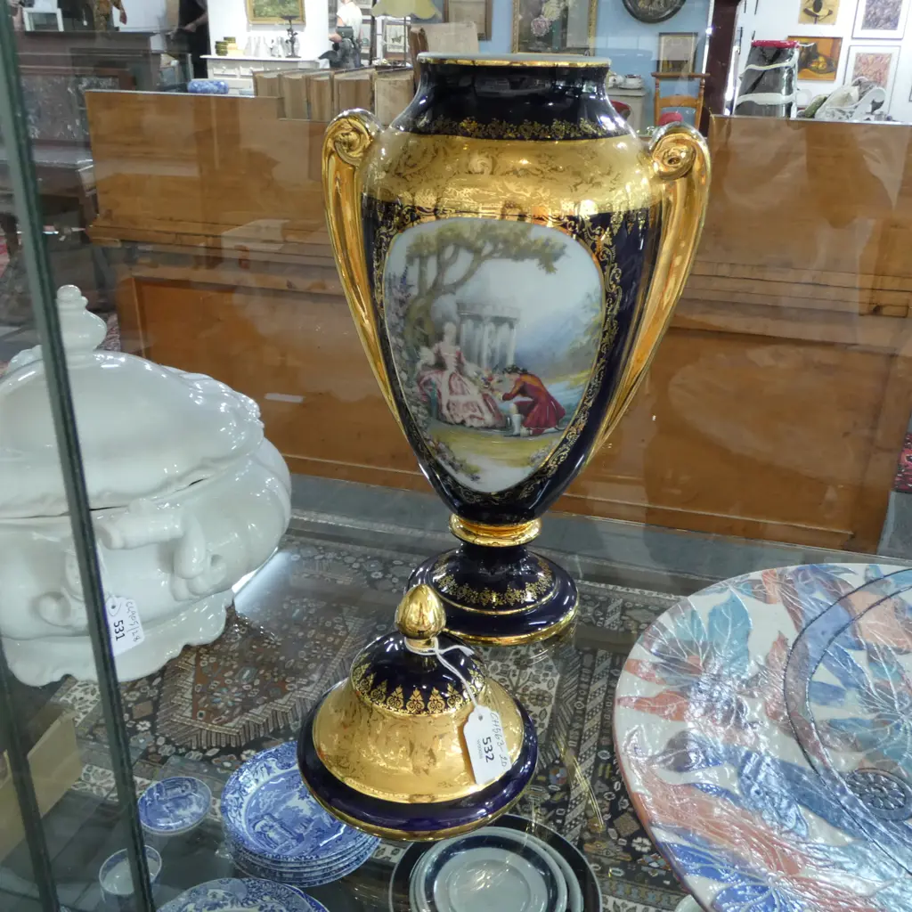 TALL LIMOGES LIDDED URN VASE, COURTING SCENE, H.480mm Image 1++