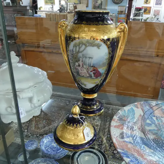 TALL FRENCH LIMOGES LIDDED URN VASE, COURTING SCENE, H.480mm