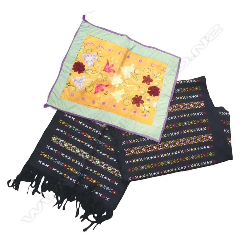 UZBEK EMBROIDERY ON SILK 580x480mm + 2 PCES BLACK BURMESE TRIBAL FABRIC (CHIN) Image 1++