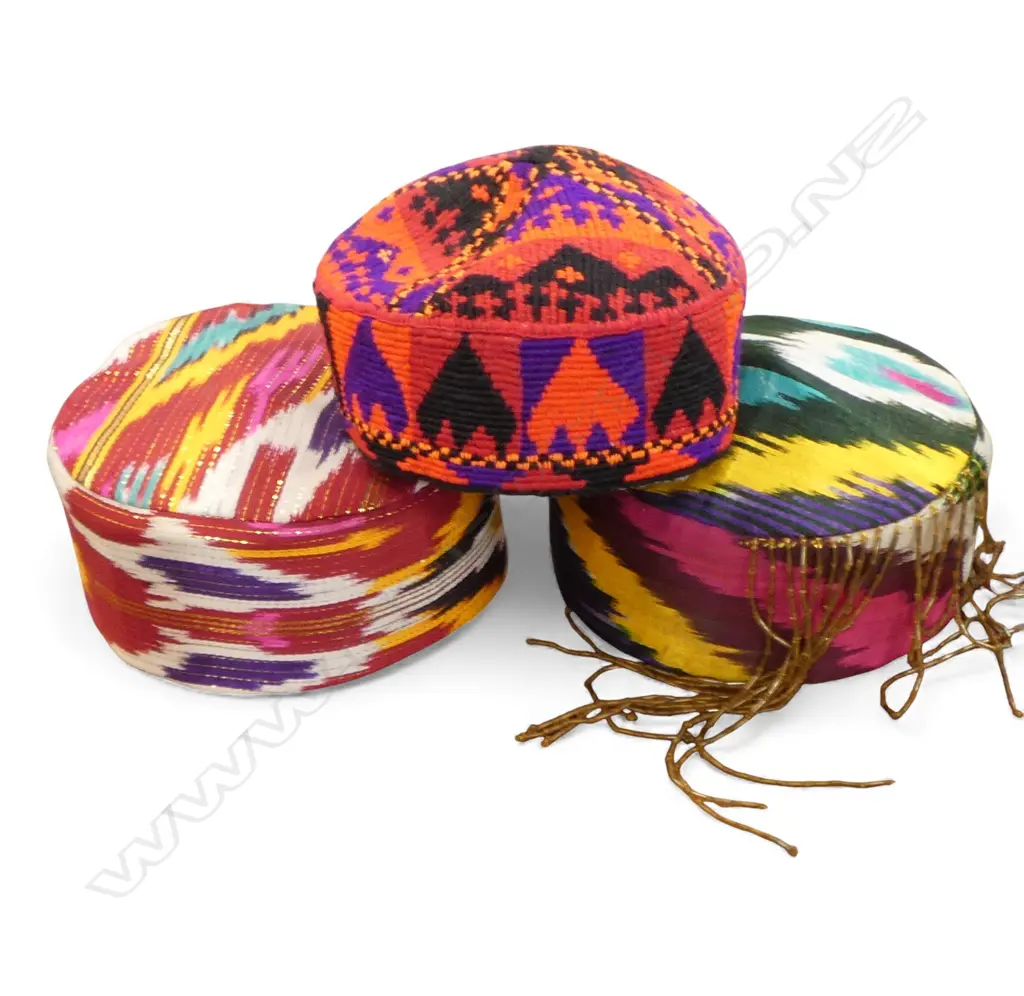 3 UZBEK TRIBAL CAPS; 2 IKAT Image 1++