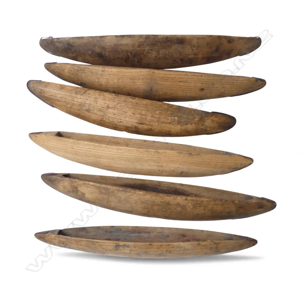 6 ANTIQUE BELGIAN WEAVING LOOM SHUTTLES L.390mm Image 1++