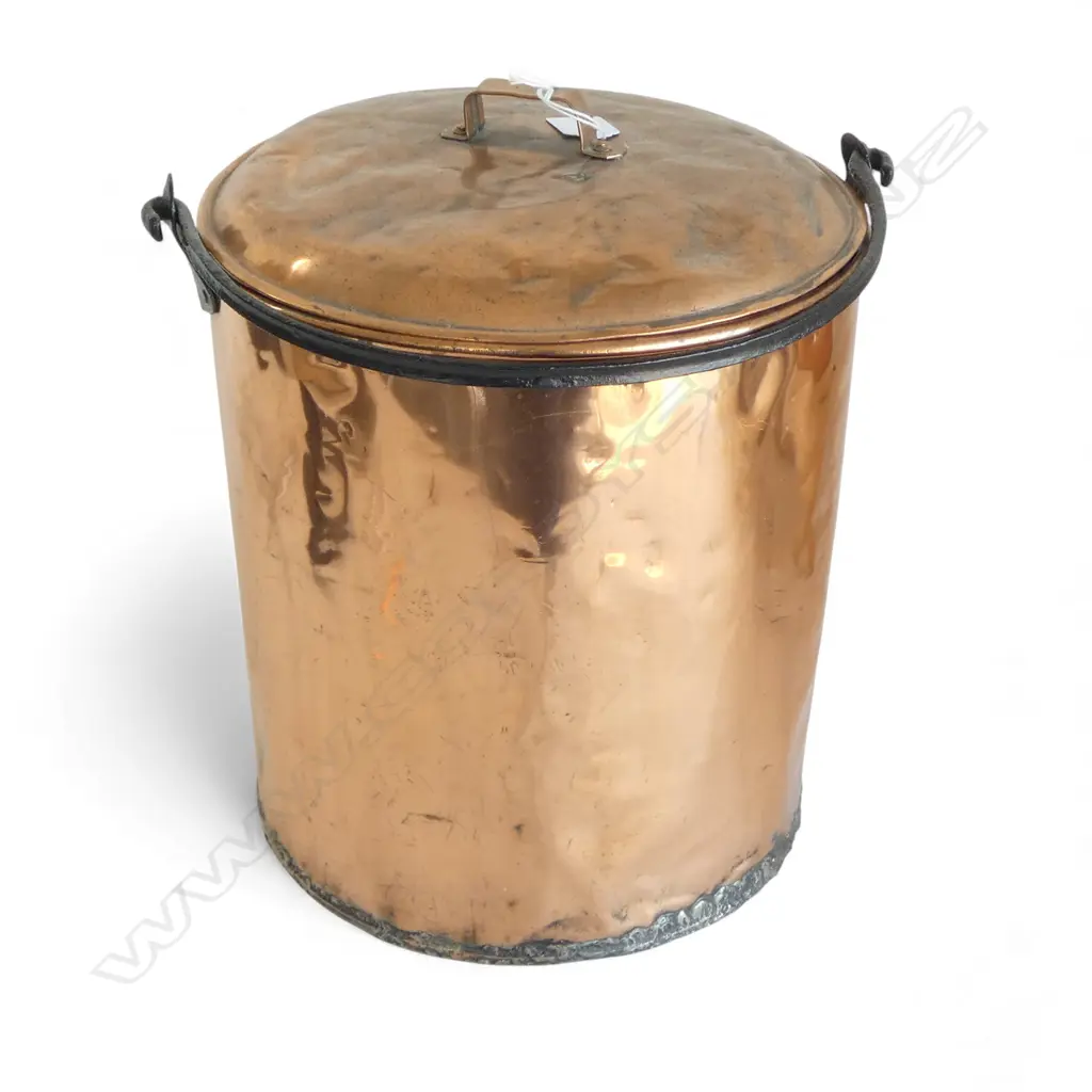 ANTIQUE LARGE COPPER LIDDED BUCKET with iron swing over-head handle. H.335mm Image 1++