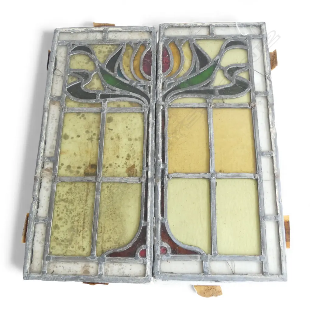 N.Z. ART NOUVEAU 2 PANE LEAD LIGHT WINDOW PANE some faults 535x235mm Image 1++
