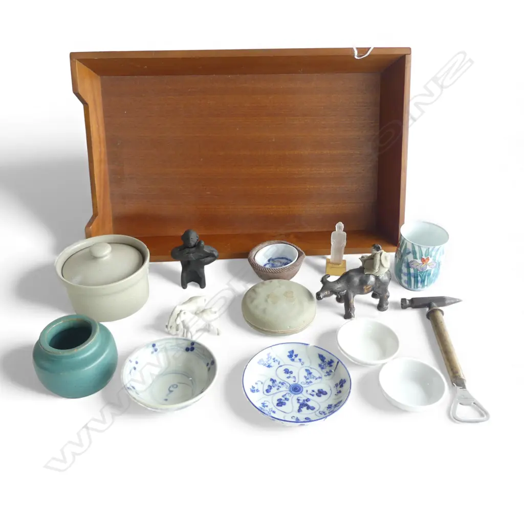 TRAY OF ORNAMENTS incl: SUNG lidded box, pottery figures, brass bottle opener, nut cracker etc Image 1++