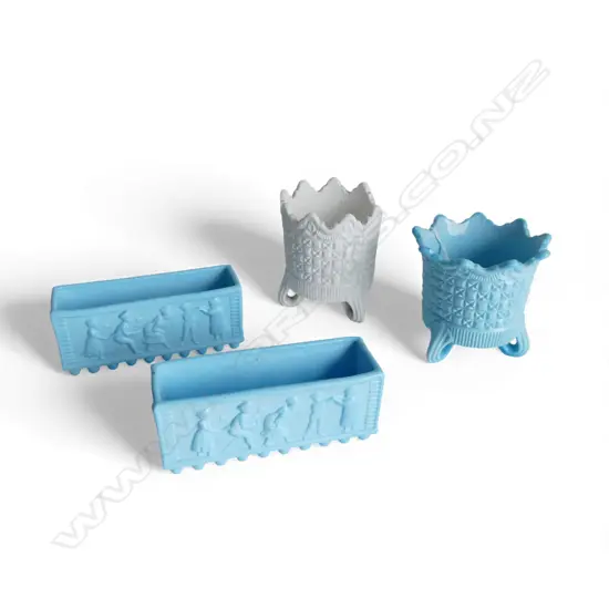 4 VICTORIAN SOWERBY VITROPORCELAIN GLASS POSY VASES: 2X ORANGED & LEMONS L.110mm + 2X POTS w turned over feet H.80mm 