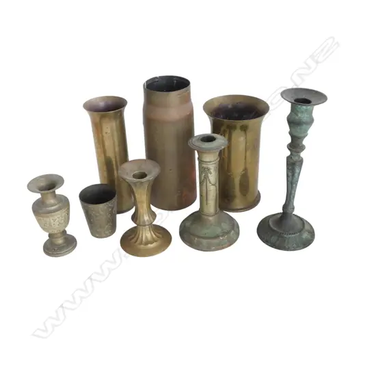 VINTAGE SHELL CASING VASES & 5 PCS BRASS & BRONZED METAL