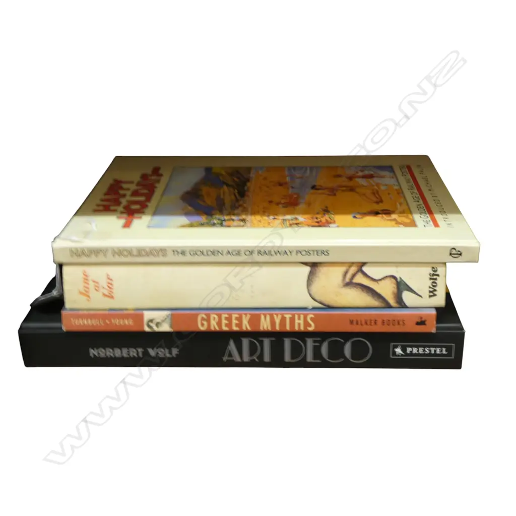 4 REFERENCE BOOKS; ART DECO by NORBERT WOLF, GREEK MYTHS by ANN TURNBULL, JANE AT WAR + HAPPY HOLIDATS railway posters Image 1++