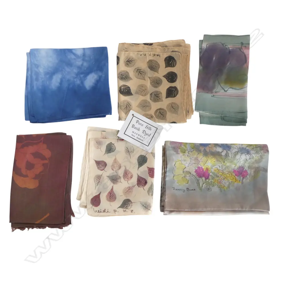 SIX ASSORTED NZ MADE SILK SCARVES Image 1++